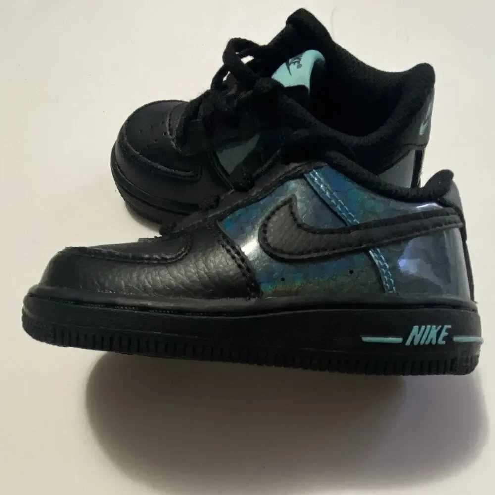 Nike Air Force 1 Toddler Low Top Sneakers Lace Up Leather Black/Blue